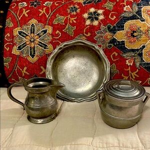 Vintage Pewter Soup Bowl, Sugar Bowl, and Cream Pitcher